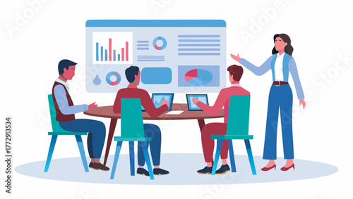 Diverse team collaborates around a table analyzing charts and graphs presented on a large screen during a business meeting