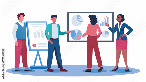 Diverse team of professionals collaborating and presenting data charts and graphs during a business meeting or strategy session