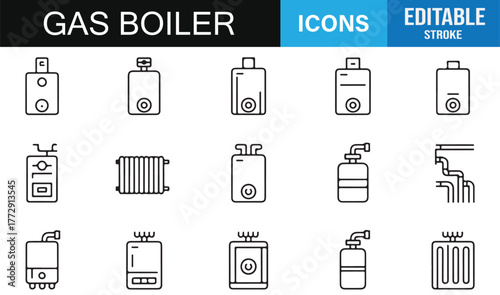 Collection of Gas Boiler Icons | Minimalist Vector Line Illustrations of Heating and Thermal Equipment