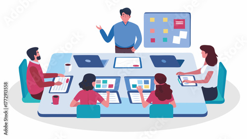 Diverse team collaborating around a modern conference table with laptops and a presentation board in a bright office setting