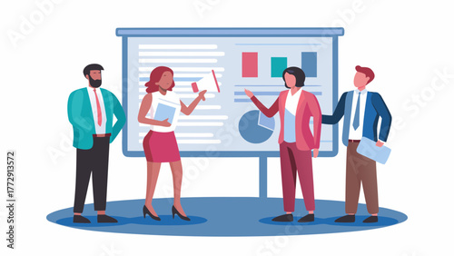 Diverse business professionals collaborating and presenting data on a whiteboard during a meeting