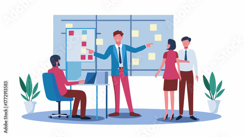 Business team collaborating in an office meeting room with a whiteboard and sticky notes discussing project strategy