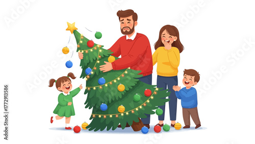Christmas Cheer: A Family Decorates a Christmas Tree: A joyous family gathers to adorn a vibrant Christmas tree with ornaments, capturing the spirit of the festive season.