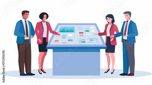 Diverse team of business professionals collaborating around a large interactive display table with charts and graphs