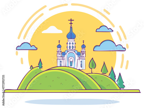 Cartoon illustration of an Eastern Orthodox Church on a Hill Under the Sun