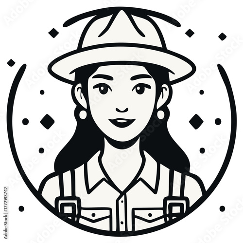 Friendly female park ranger or farmer portrait in a minimalist line art badge style