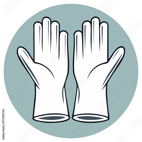 Pair of white protective gloves with fingers spread open, centered within a teal circle.
