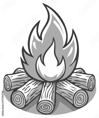 Stylized black and white cartoon campfire illustration with burning logs