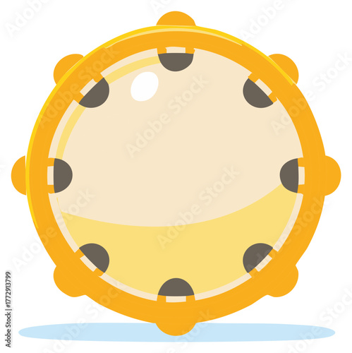 Simple yellow tambourine percussion instrument cartoon vector illustration.