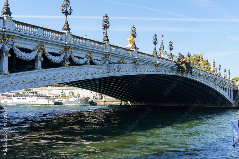 Obraz premium Ornate Pont Alexandre III bridge over the Seine River in Paris, with detailed sculptures, gold accents, and grand lampposts, under a clear blue sky.