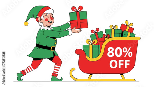 Christmas Elf Offers: An elf, in a festive outfit, cheerfully presents gift boxes. A vibrant advertisement showcasing the '80% OFF' promotion.