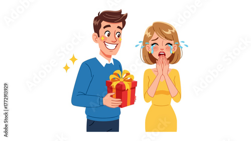 Gift Giving Moment: A man joyfully presents a beautifully wrapped gift to a woman overcome with emotion, their interaction a heartwarming expression of love and care.