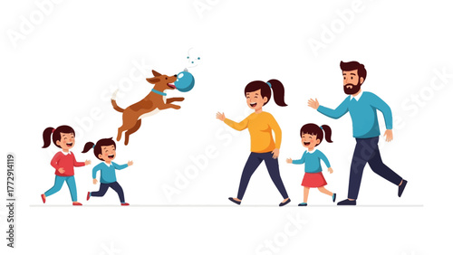Family and Furry Friend's Playtime: Capturing the joy of family life with playful energy, as a happy dog leaps and bounds to catch a ball, and a vibrant family enjoys a fun time together. 