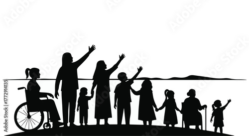 Diverse group of people of all ages and abilities, reaching up together in unity against a horizon.