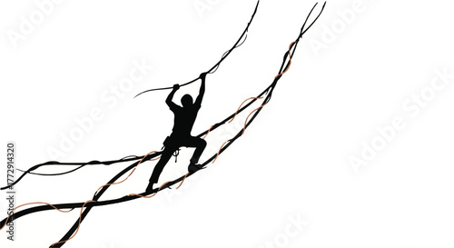 Silhouette of a determined person climbing tangled vines against a bright sky, symbolizing adventure and overcoming challenges.