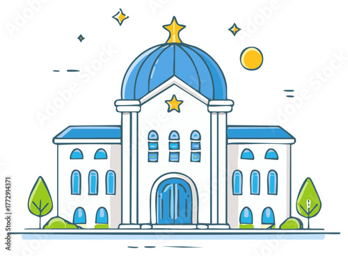 Cartoon synagogue building with dome and stars. Illustration vector art