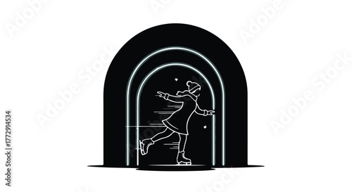 Graceful figure skater glides through a luminous, arched tunnel on a cold winter night.