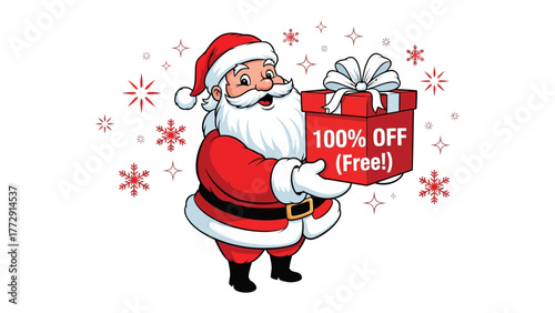 Santa's Special Gift: A jolly Santa Claus presents a festive gift box, exuding holiday cheer and the spirit of giving, adorned with snowflakes.