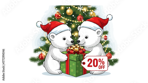 Christmas Bears with Present: Two adorable polar bears wearing Santa hats share a festive present under a twinkling Christmas tree, evoking warmth and joy. 