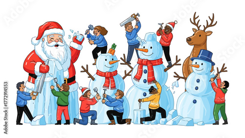 Christmas Creation: Santa and his helpers craft a whimsical winter wonderland, constructing jolly snowmen amidst a festive atmosphere.
