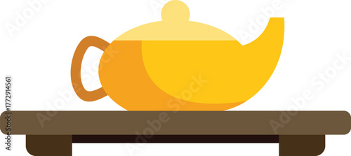 Golden teapot on a wooden tray, perfect for representing a moment of relaxation, tea ceremony, or tea time