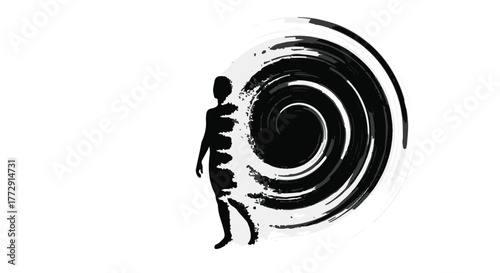 Silhouette of a person walking towards a swirling vortex, symbolizing change and transformation.
