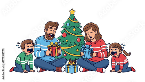 Christmas Joy: A joyful family celebrates the holiday season together, surrounded by gifts and a beautifully decorated Christmas tree, symbolizing the warmth and togetherness of the festive period.