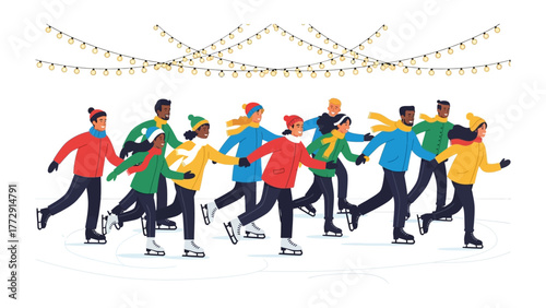 Ice Skating Celebration: A lively group skates in unison under a festive string of lights, exuding energy and camaraderie, enjoying a joyful winter activity. 