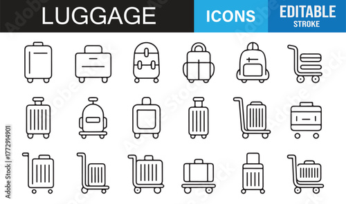 Trolley Bag Outline Vector Set | Minimalist Editable Stroke Icons for Business Trip and Vacation Design