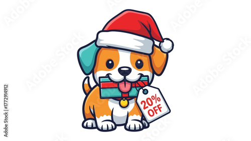 Festive Pup with Gift and Discount: A cheerful puppy dons a Santa hat and holds a gift in its mouth, accompanied by a tag offering a generous discount.