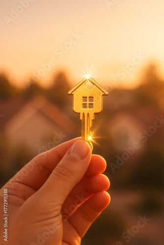 Golden house shaped key held at warm sunset