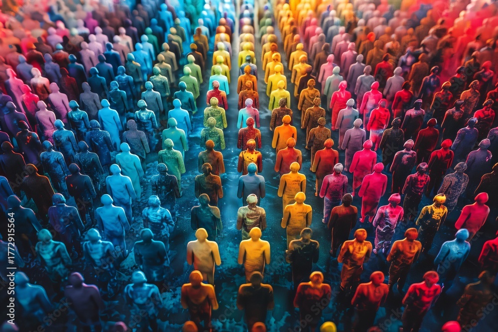 Fototapeta premium Colorful crowd walking forward in unity and diversity, following a common path