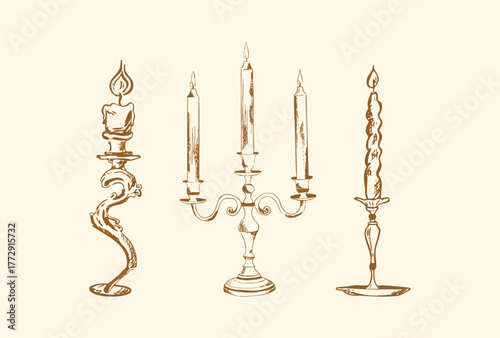 Hand drawn candle illustration. Vintage chandelier sketch. Candle clip art. Candle doodle. Line art, ink, minimalist style. Candles burning. Candelabra and candlestick. Ink sketch set isolated. Retro