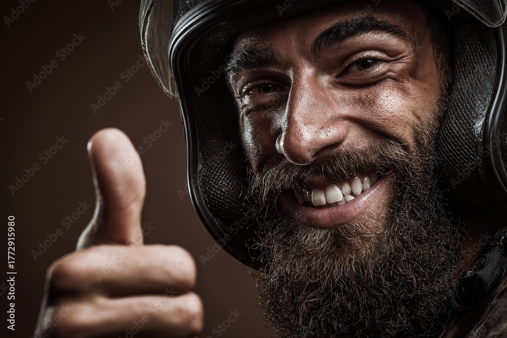 Fototapeta premium Soldier giving a thumbs up with a big smile, showcasing confidence and determination in his mission