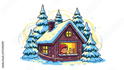 Winter Wonderland: An illustrated scene of a cozy cabin nestled among snow-covered pine trees, with a child and a companion animal, enjoying the warmth of their home, inside of the window