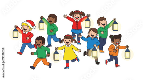 Children's Lantern Parade: A vibrant illustration shows a diverse group of children joyfully running in a festive parade, each holding a glowing lantern, celebrating a community event.