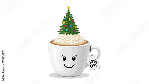 Festive Coffee Delight: A cheerful coffee cup adorned with a miniature Christmas tree, topped with whipped cream, and showcasing a cheerful face, epitomizing the festive season and a delightful offer.
