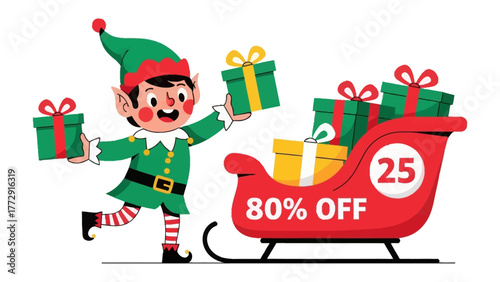 Holiday Offer: Cheerful elf alongside a sleigh brimming with festive gifts, heralding an incredible 80% discount to spread joy and savings during the Christmas season.