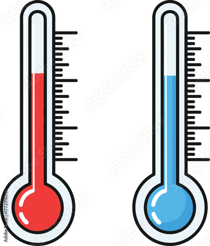 Hot and cold thermometer vector illustration, temperature measurement icons, climate control symbol, flat design comparison, cad drawing flat vector illustration