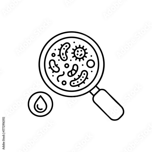 Microbes under magnifying glass icon. Bacteria analysis, virus detection, microbiology research, infection examination concept. Editable stroke vector.