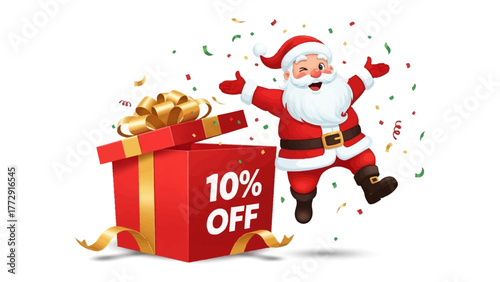 Christmas Discount: Santa Claus with a festive charm, eagerly sharing a gift box with a prominent 10% OFF offer.