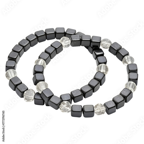 Two stacked bracelets with dark square beads and clear crystal beads isolated on transparent background