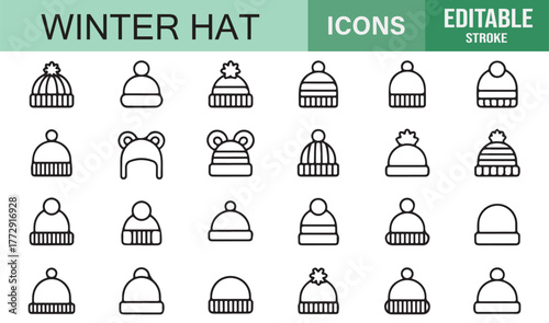 Winter Hat Vector Icon Set | Editable Line Stroke Knitted Beanies and Warm Headwear Symbols