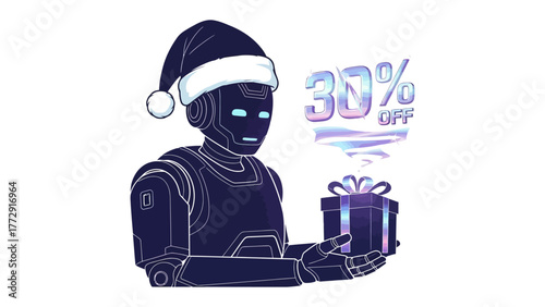 Robot Holiday Special: A futuristic robot adorned with a santa hat offers a glistening gift, accompanied by a holographic display advertising a tempting 30% discount.