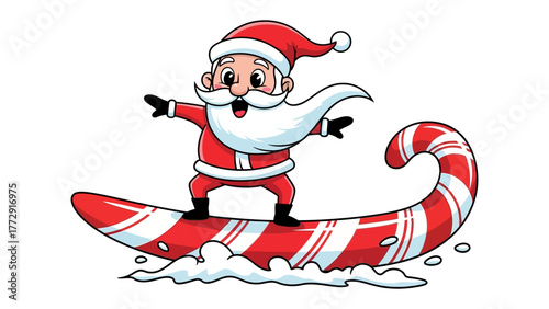 Santa's Christmas Candy Cane Adventure: Santa Claus embarks on a joyful journey, riding a festive candy cane amidst a snowy landscape, embodying holiday spirit and cheer.