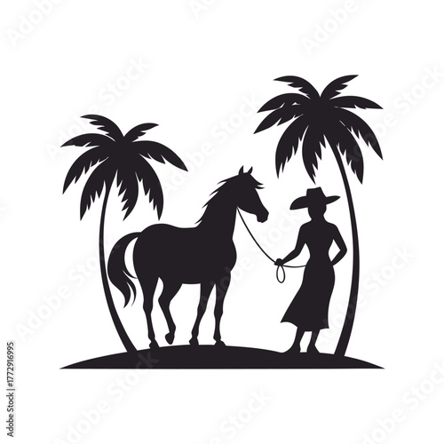 Cowgirl Holding Reins Of Horse On Palm Beach Silhouette