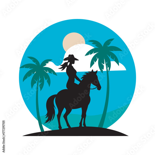 Cowgirl On Horse Standing Under Palm Silhouette