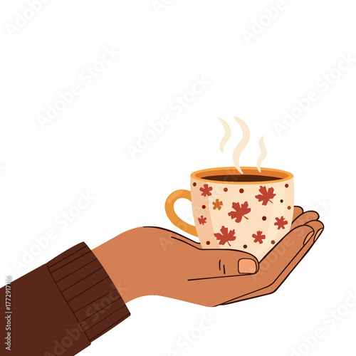 Autumn Cozy Coffee Cups in Hands – Flat Vector Illustration of Hot Drinks and Fall Leaves