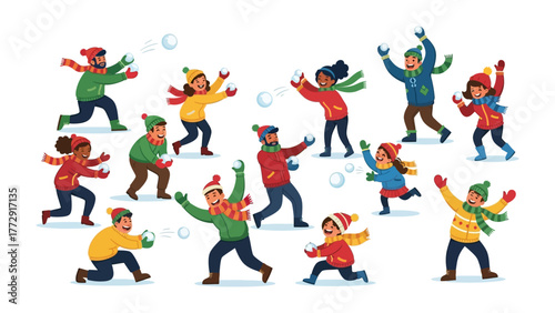 Snowball Fight Fun: A delightful depiction of a lively snowball fight unfolds, filled with the sheer glee and boisterous energy of individuals engaged in a playful winter battle.