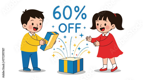 Gift of Delight: Two animated children excitedly interact with a vibrant gift box, with sparks of joy radiating outwards, indicating a great deal, like 60% off.